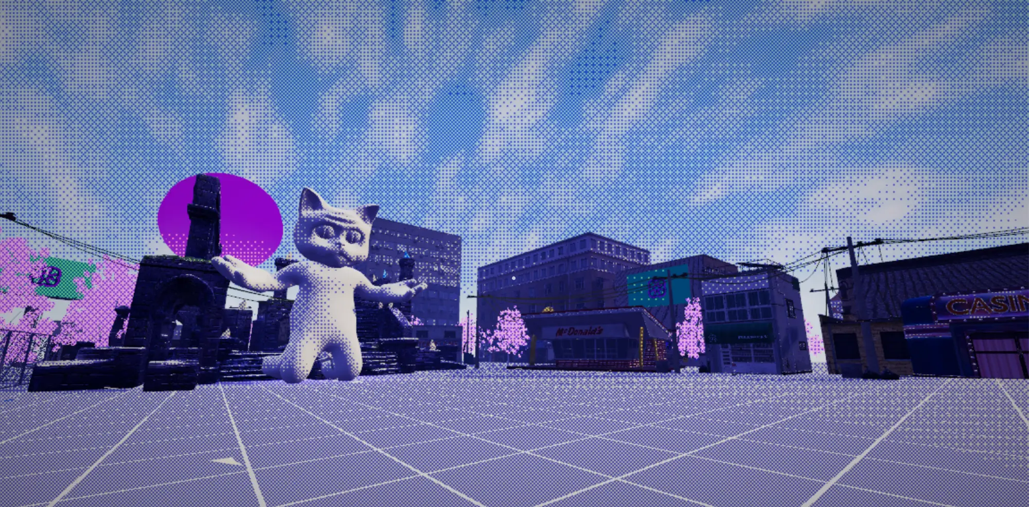 A giant white cat kneeling in a city square