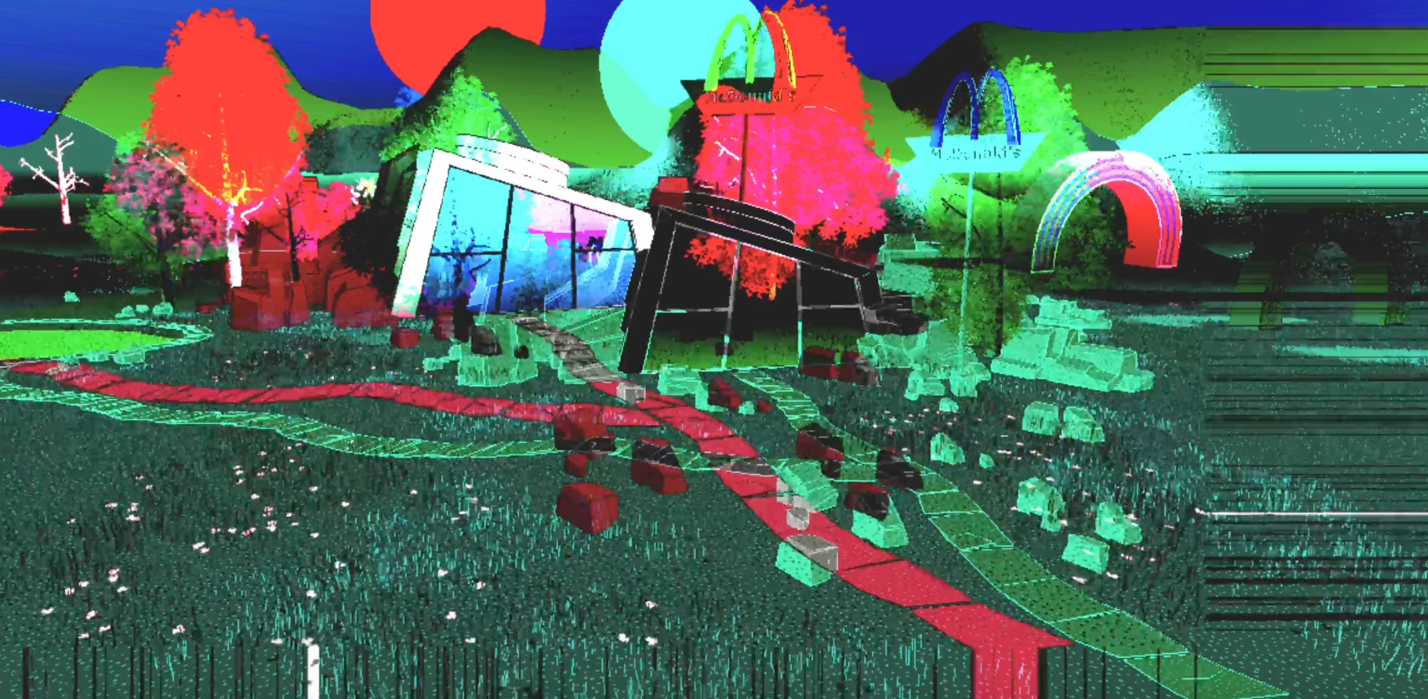 A glitched landscape of red trees, arches and a red path through the grass