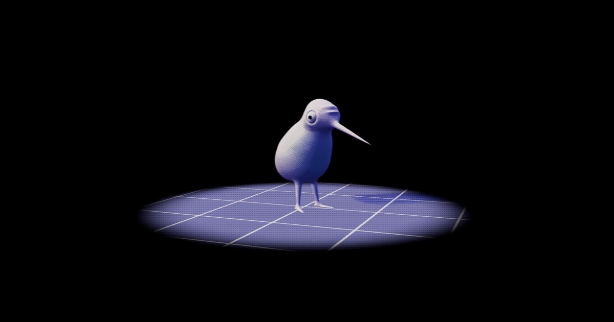 Pino standing on a lit grid in the dark